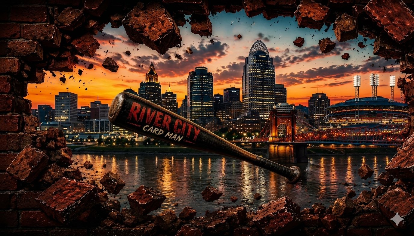 River City Card Man bat breaking through a brick wall in front of the city skyline at sunset